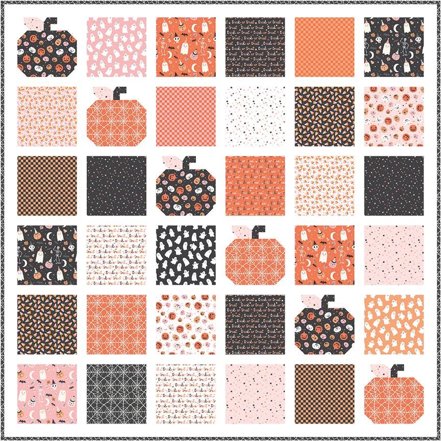 Pumpkin Patch Quilt and Topper Pattern, Primrose Cottage Quilts PCQ041, Precuts Friendly Autumn Fall Throw and Table Quilt Pattern
