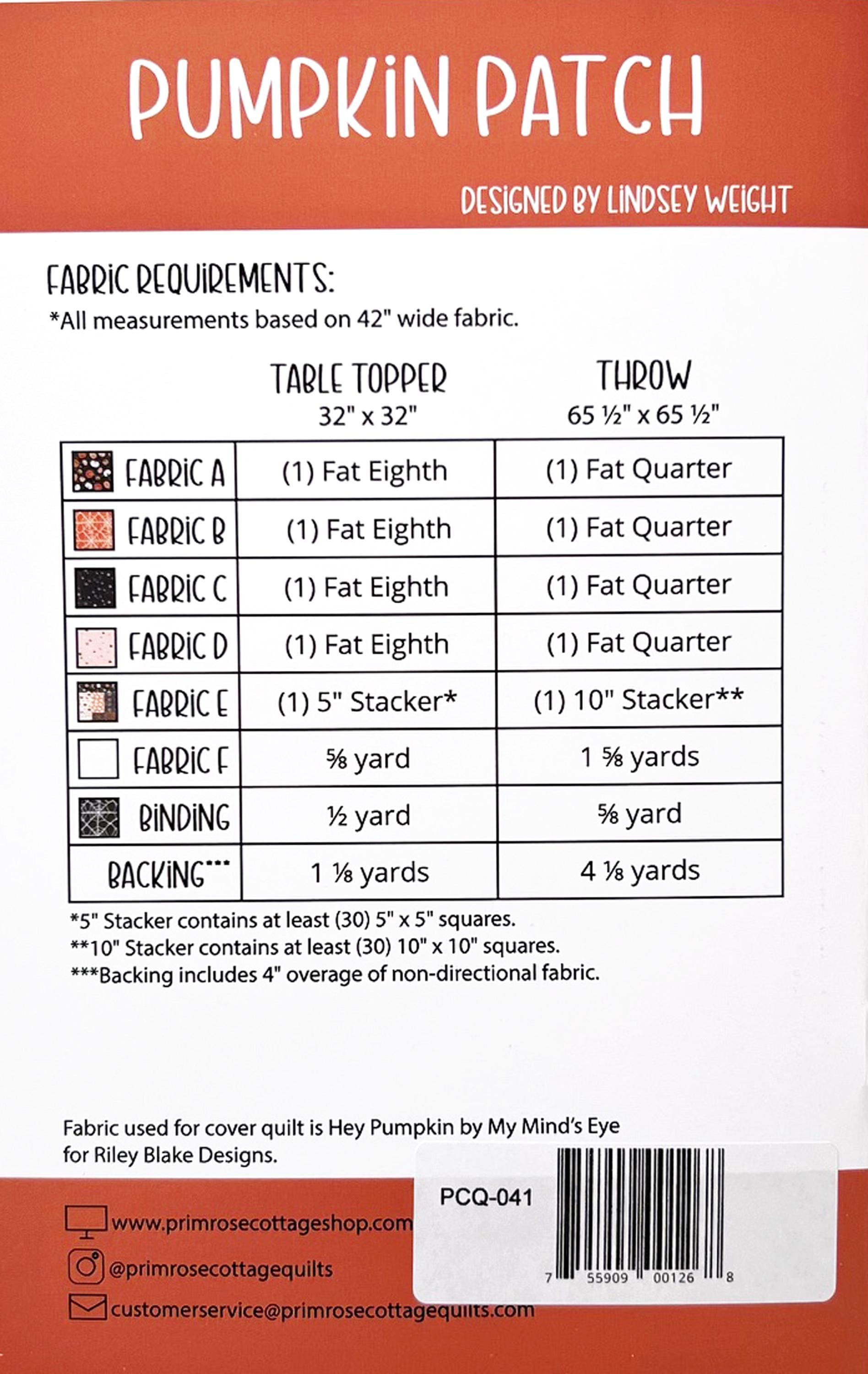 Pumpkin Patch Quilt and Topper Pattern, Primrose Cottage Quilts PCQ041, Precuts Friendly Autumn Fall Throw and Table Quilt Pattern