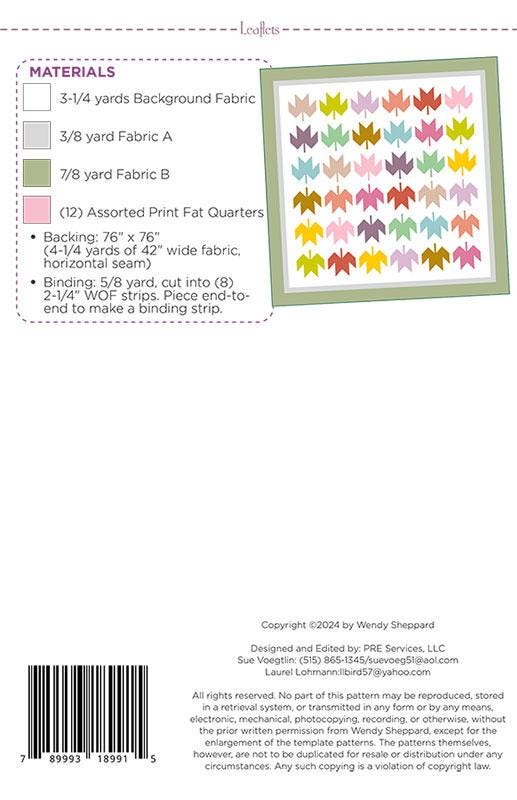 Leaflets Quilt Pattern, Wendy Sheppard WS86, Fat Quarter Friendly Autumn Fall Leaves Throw Bed Quilt Pattern