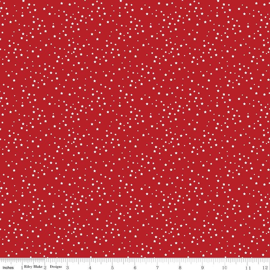 Stars and Stripes Forever - Tiny White Stars on Red Fabric, Riley Blake C15714-RED, Patriotic Star Cotton Blender Fabric, By the Yard