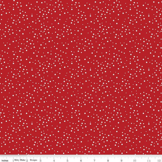 Stars and Stripes Forever - Tiny White Stars on Red Fabric, Riley Blake C15714-RED, Patriotic Star Cotton Blender Fabric, By the Yard