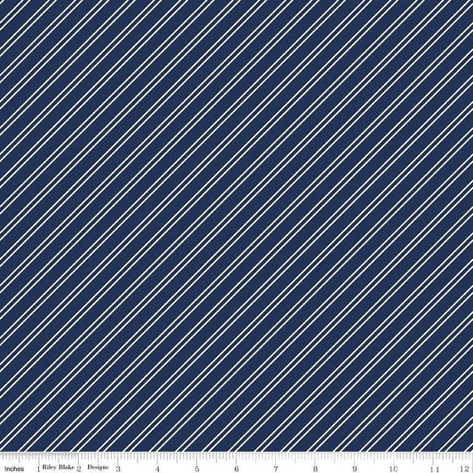 Between the Pages - Navy Blue White Bias Stripe Fabric, Riley Blake C15374-NAVY, Blue White Diagonally Striped Fabric