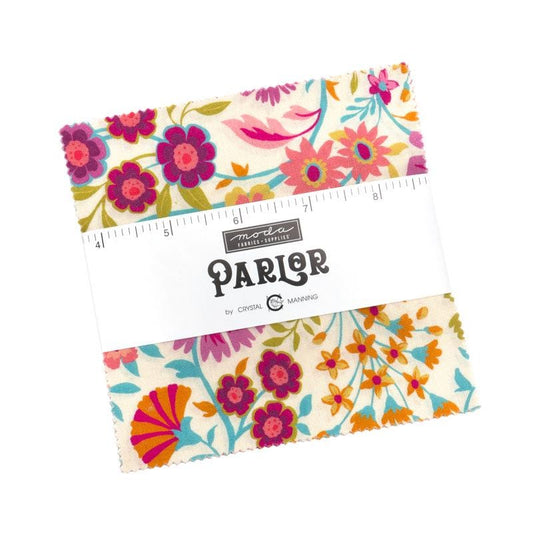 Parlor 5" Charm Pack, Moda 11960PP, Pink Teal Green Floral Charm Pack Fabric, 5" Precut Fabric Squares, Crystal Manning
