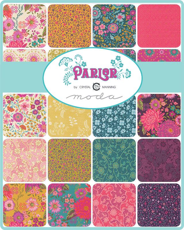 Parlor 5" Charm Pack, Moda 11960PP, Pink Teal Green Floral Charm Pack Fabric, 5" Precut Fabric Squares, Crystal Manning