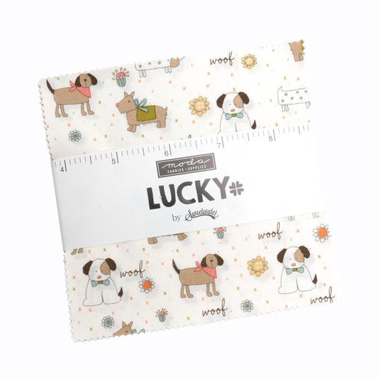 Lucky Charm Pack, Moda 55700PP, Precut 5" Coral Yellow Orange Blue Whimsical Dogs Charm Pack Fabric Squares, Sweetwater