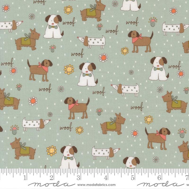 Lucky Charm Pack, Moda 55700PP, Precut 5" Coral Yellow Orange Blue Whimsical Dogs Charm Pack Fabric Squares, Sweetwater