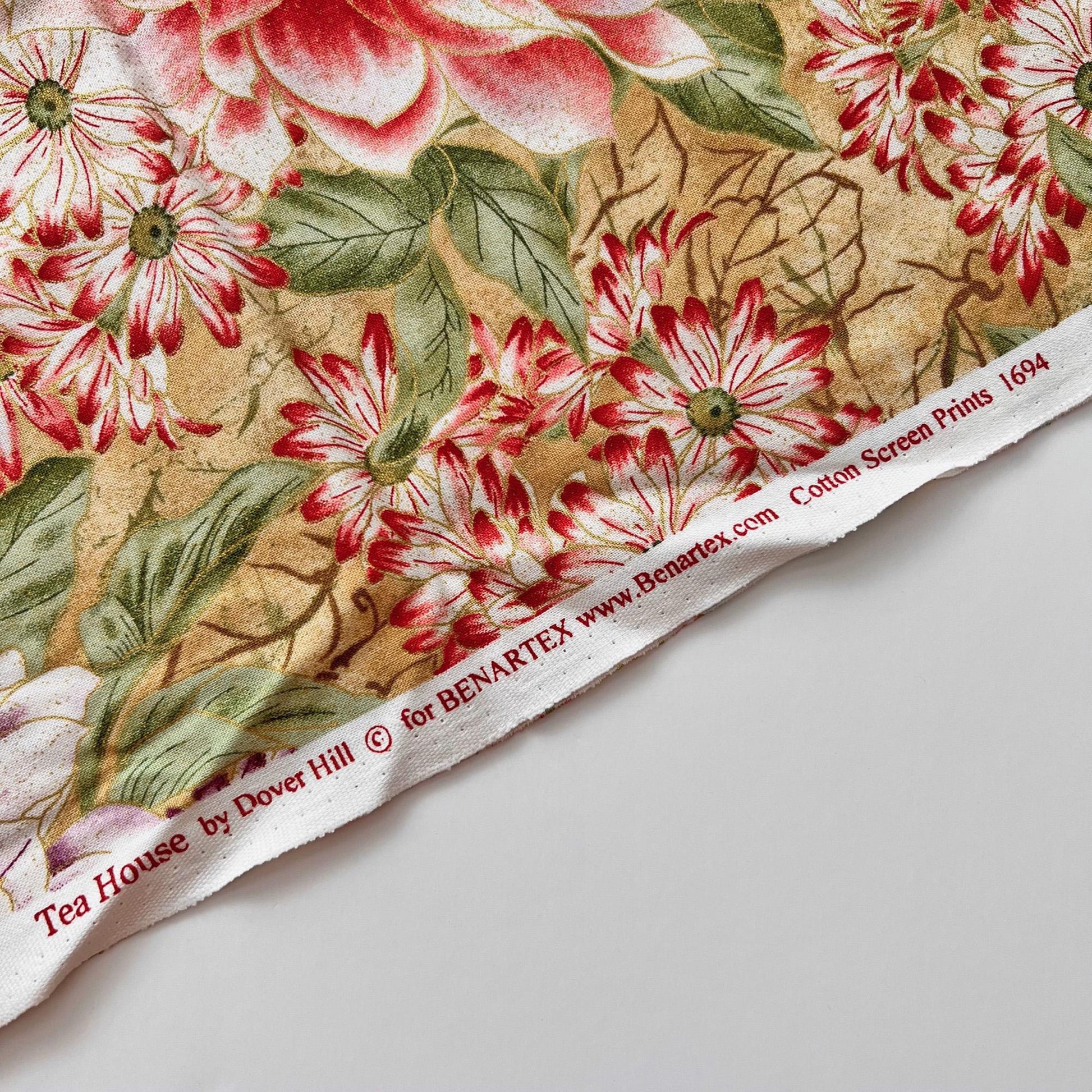 DESTASH Tea House - 1 Yard Cut of Red Purple Green Floral Fabric, Benartex 1694, Gold Metallic Accent Fabric, Japanese Asian Inspired Fabric