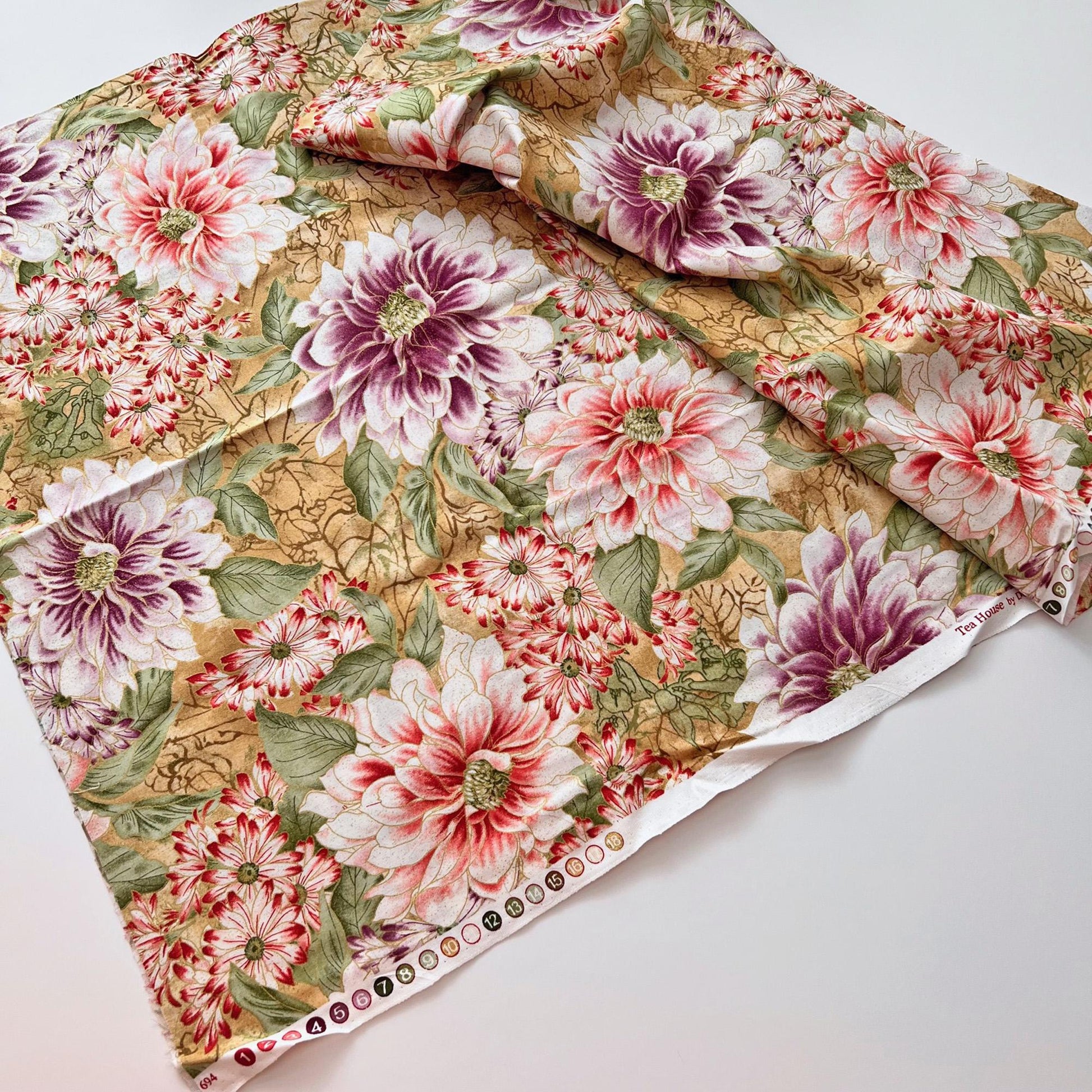 DESTASH Tea House - 1 Yard Cut of Red Purple Green Floral Fabric, Benartex 1694, Gold Metallic Accent Fabric, Japanese Asian Inspired Fabric