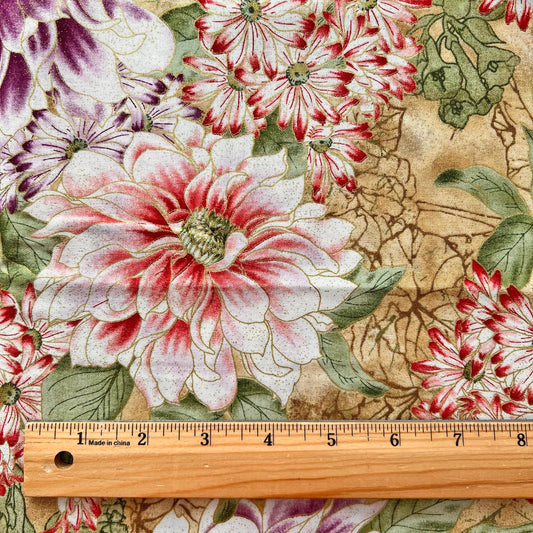 DESTASH Tea House - 1 Yard Cut of Red Purple Green Floral Fabric, Benartex 1694, Gold Metallic Accent Fabric, Japanese Asian Inspired Fabric