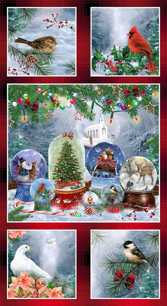 Believe - Christmas Blocks Fabric Panel, Henry Glass 1882P-88 Red, Digitally Printed Christmas Xmas Cardinals Birds Snow Globes Fabric Panel