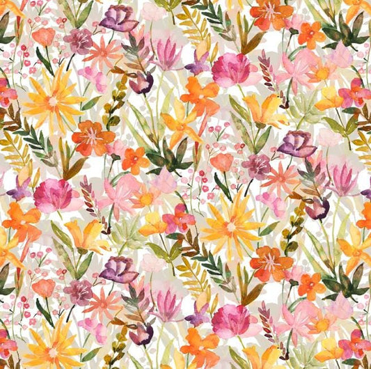 108" Whispering Gardens- Yellow Pink Orange Floral Wide Quilt Back Fabric, P&B Textiles WGAW5928-MU, Multicolored Floral Fabric, By the Yard