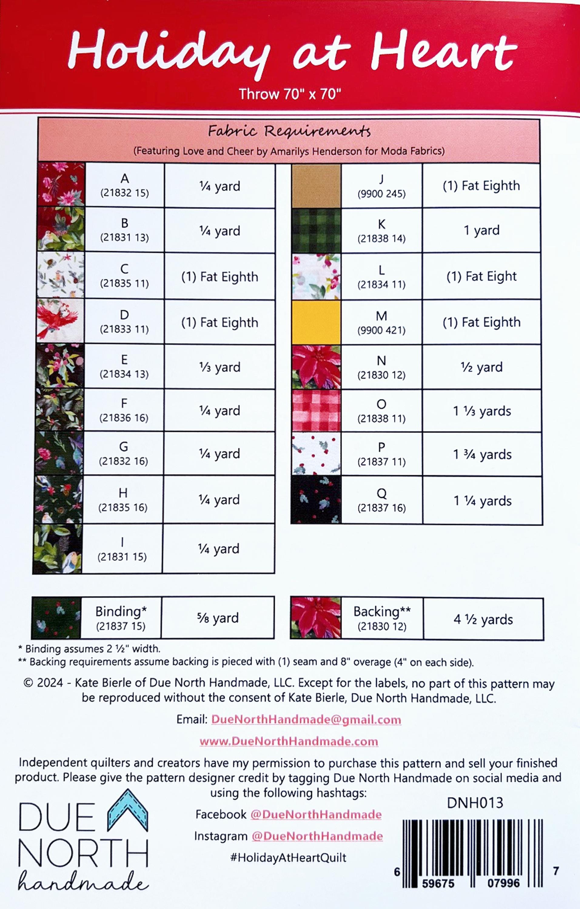 Holiday at Heart Quilt Pattern, Due North Handmade DNH013, Yardage Friendly Christmas Xmas Trees Stars Hearts Throw Quilt Pattern