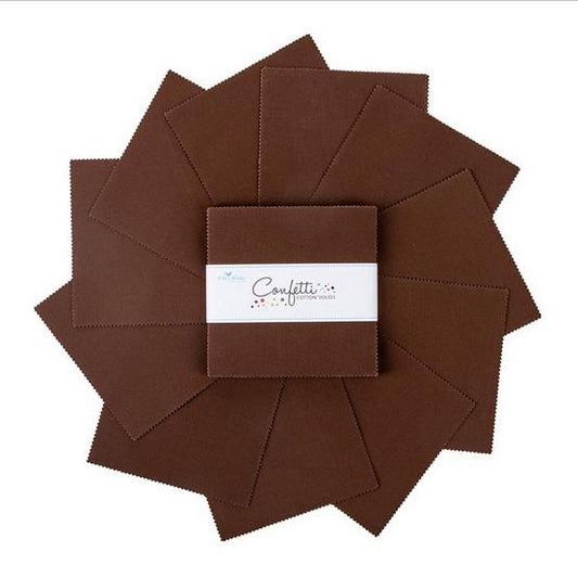 Confetti Cottons - Dark Brown 5" Stacker, Riley Blake 5-120-BROWNIE-42 Brownie, 5" Precut Solid Brown Cotton Fabric Squares