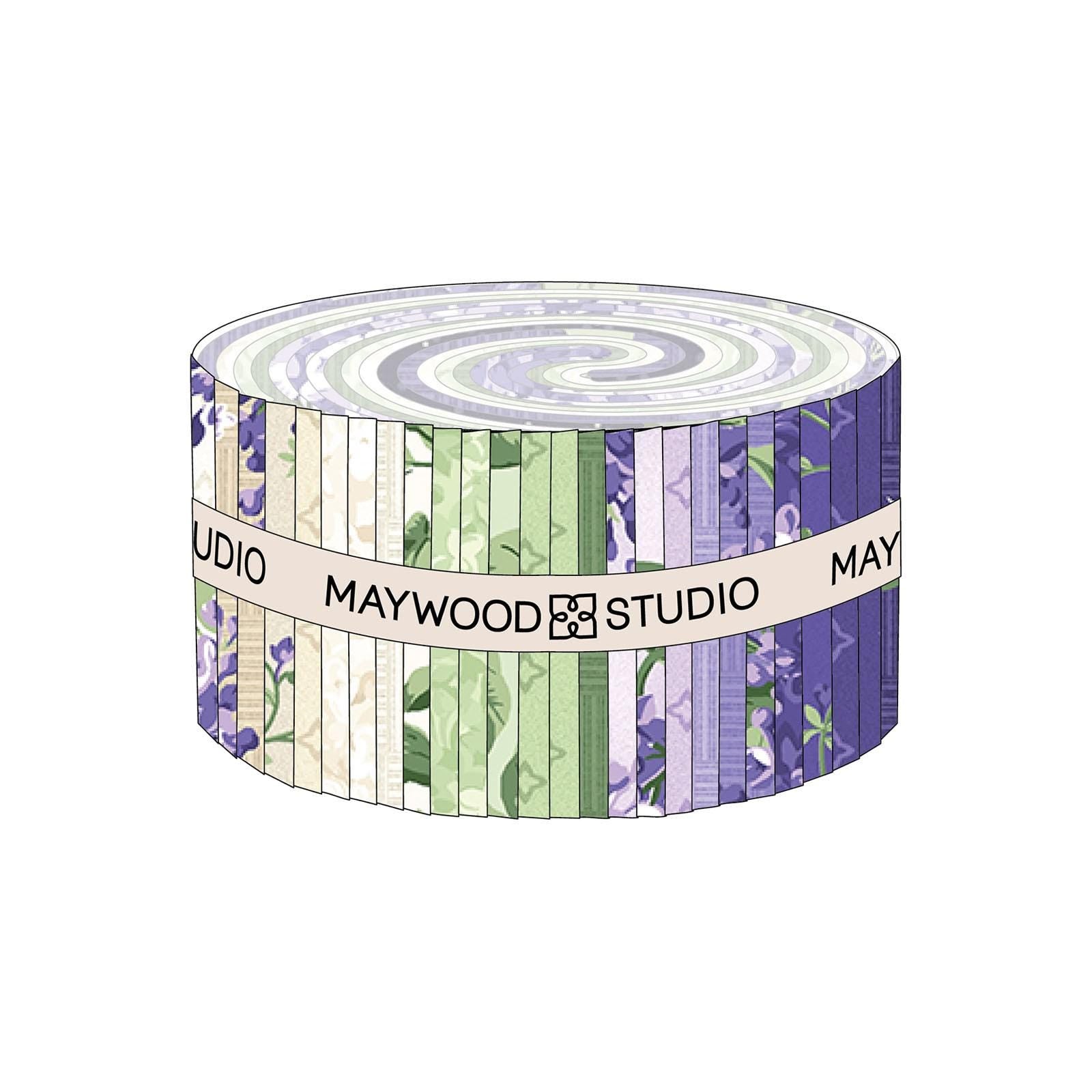 Lilac Lane 2.5" Strips, Maywood Studio ST-MASLILA, 2.5" Precut Green Purple Lilacs Floral Fabric Strip Roll, Floral Fabric Jelly Roll