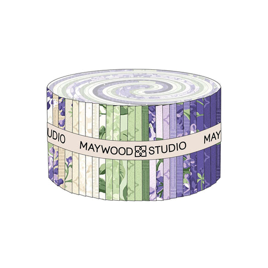 Lilac Lane 2.5" Strips, Maywood Studio ST-MASLILA, 2.5" Precut Green Purple Lilacs Floral Fabric Strip Roll, Floral Fabric Jelly Roll