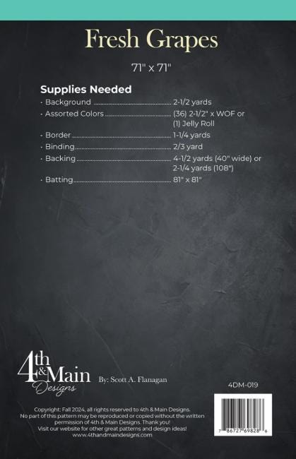 Fresh Grapes Quilt Pattern, 4th and Main 4MD019, 2.5" Precut Jelly Roll Strips Friendly Broken Lone Star Carpenter's Star Quilt Pattern