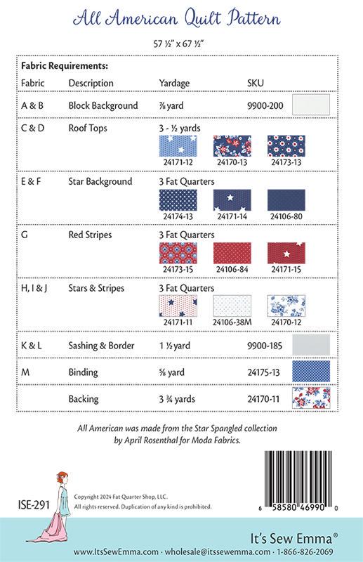 All American Quilt Pattern, It's Sew Emma ISE291, Yardage Friendly Patriotic Houses Lap Throw Quilt Pattern, Jocelyn Ueng