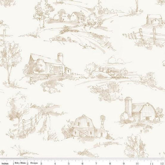 108" Countryside - 3 Yard Cut of Toile Country Scenes on Cream Wide Quilt Back Fabric, Riley Blake 3YD-WB14539-SAND, 108" Brown Cream Toile