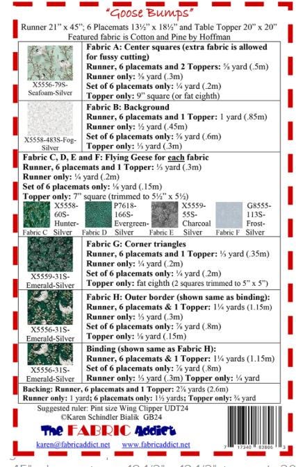 Goose Bumps Table Set Quilt Pattern, The Fabric Addict FAGB24, Yardage Friendly Flying Geese Table Runner Place Mats Quilt Pattern, Bialik