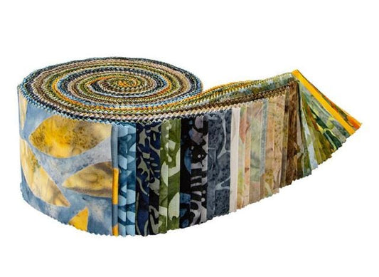 Expressions Batiks Tradewinds Rolie Polie, Riley Blake RP-23288-40, 2.5" Precut Green Blue Brown Tropical Batik Fabric Strips