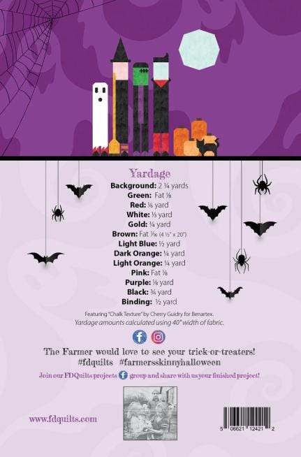 Farmer's Skinny Halloween Quilt Pattern, Farmer's Daughters Quilts FDQ-HALLOWEEN, Yardage Friendly Witch Ghost Dracula Throw Quilt Pattern