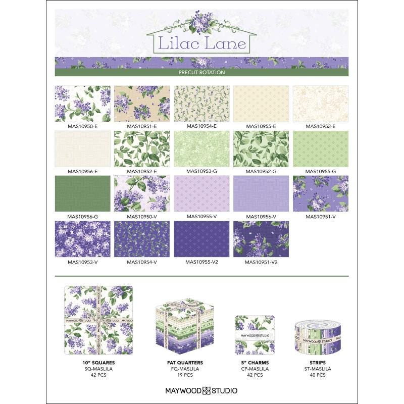 Lilac Lane 10" Squares, Maywood Studio SQ-MASLILA, 10" Precut Purple Green Beige White Floral Layer Cake Fabric Squares