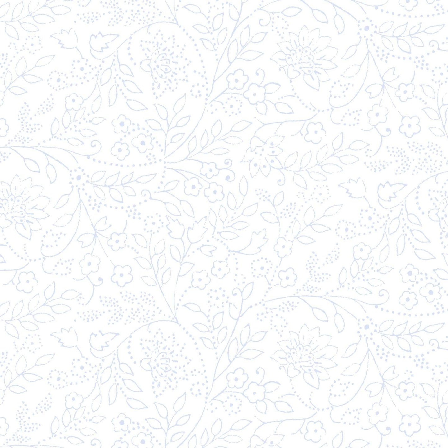 Blue Belle - Light Blue Trailing Leaf and Flowers on White Fabric, Maywood Studio MAS10909-W, Quilt Background Cotton Fabric, By the Yard