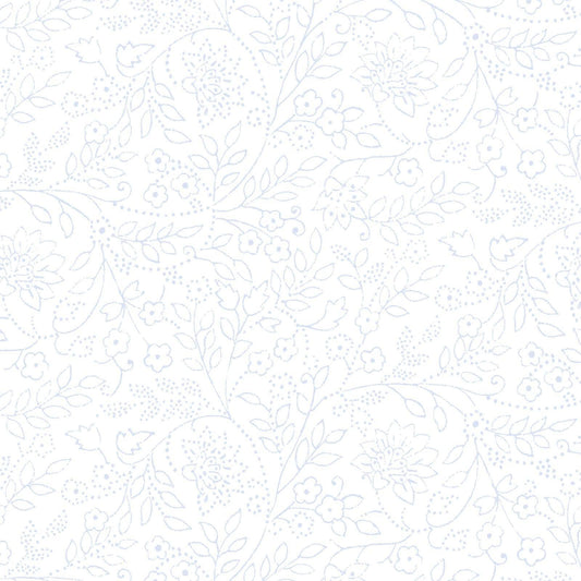 Blue Belle - Light Blue Trailing Leaf and Flowers on White Fabric, Maywood Studio MAS10909-W, Quilt Background Cotton Fabric, By the Yard