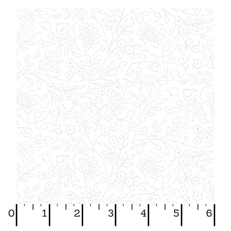 Blue Belle - Light Blue Trailing Leaf and Flowers on White Fabric, Maywood Studio MAS10909-W, Quilt Background Cotton Fabric, By the Yard