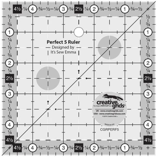Perfect 5 Ruler, Creative Grids CGRPERF5, 5" Non-Slip Quilting Ruler Template, 5" Square Trim Quilting Ruler, It's Sew Emma