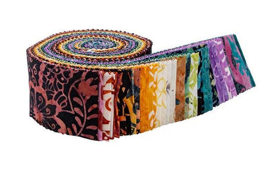 Expressions Batiks - Garden Fresh Rolie Polie, Riley Blake RP-23416-40, 2.5" Precut Teal Green Purple Orange Floral Batik Fabric Strips