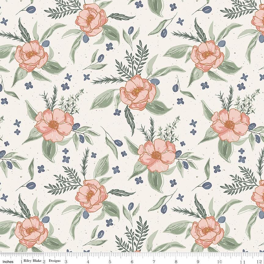 Olive Grove 5" Stacker, Riley Blake 5-16630-42, 5" Precut Autumn Fall Burgundy Blue Rust Green Floral Fabric Squares, Amber Elliot
