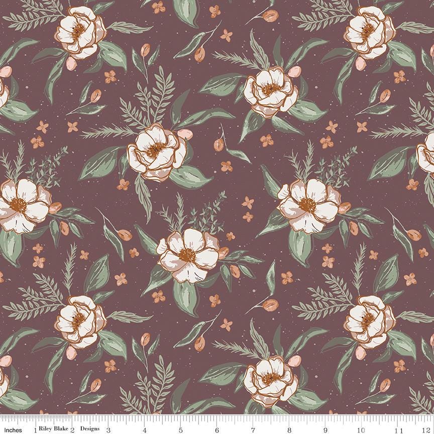 Olive Grove 5" Stacker, Riley Blake 5-16630-42, 5" Precut Autumn Fall Burgundy Blue Rust Green Floral Fabric Squares, Amber Elliot