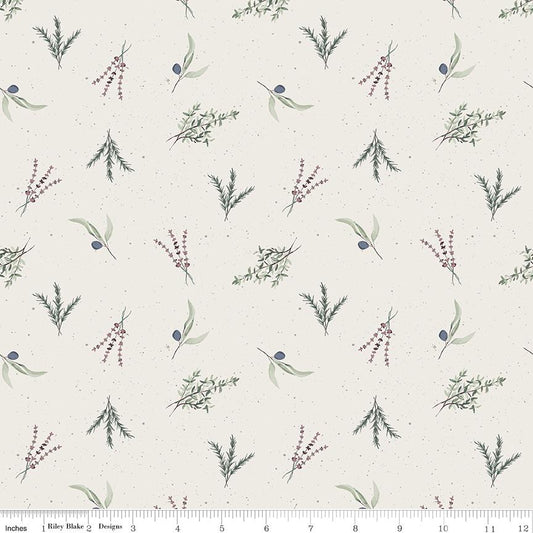 Olive Grove - Herbs Olives on Ivory Fabric, Riley Blake C16632-Ivory, Burgundy Green Blue Herb Sprigs Cotton Fabric, Amber Elliot, Alderwood