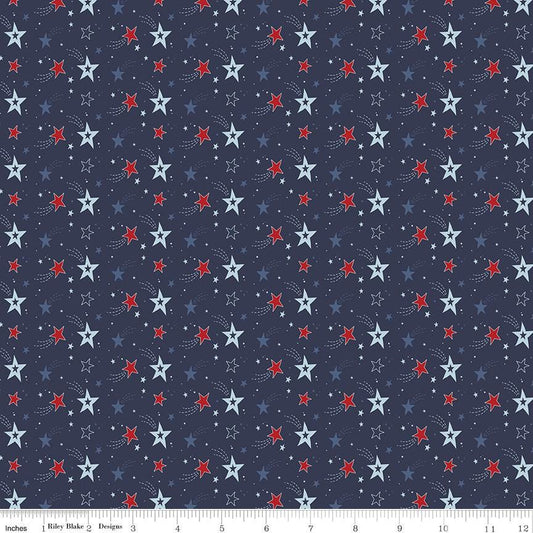 Stars and Stripes Forever - Patriotic Shooting Stars on Navy Blue Fabric, Riley Blake C15712-NAVY, Patriotic Star Cotton Fabric, By the Yard