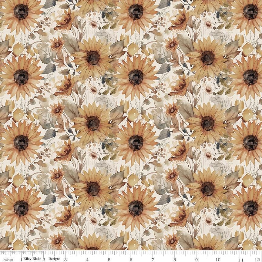Fall Pattern Cream Evening on the Prairie - Autumn Fall Sunflowers on Cream Fabric, Riley ...