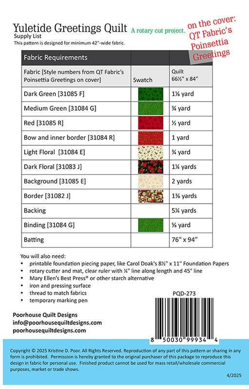Yuletide Greetings Quilt Pattern, Poorhouse Quilt Designs PQD-273, Yardage Friendly FPP Christmas Xmas Wreaths Throw Quilt Pattern
