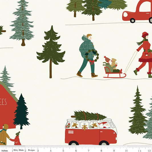 108" Christmas is in Town - 3 Yard Cut of Holiday Scene on Cream Wide Quilt Back Fabric, Riley Blake 3YD-WB14751-CREAM, Santa VW Fabric