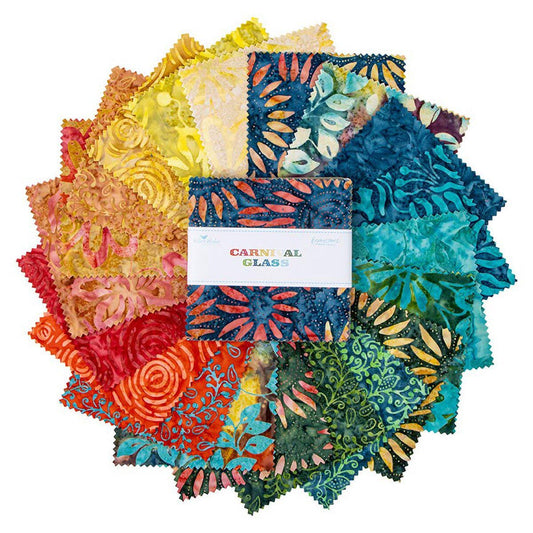 Expressions Batiks Carnival Glass 5" Stacker, Riley Blake 5-23366-42, 5" Precut Blue Red Green Gold Batik Fabric Squares