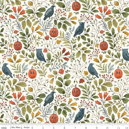 Trick or Treat- Fall Foliage on White Fabric, Riley Blake C15961-Cream, Halloween Pumpkins Owls Fall Foliage Fabric, Lisa Audit, By the Yard