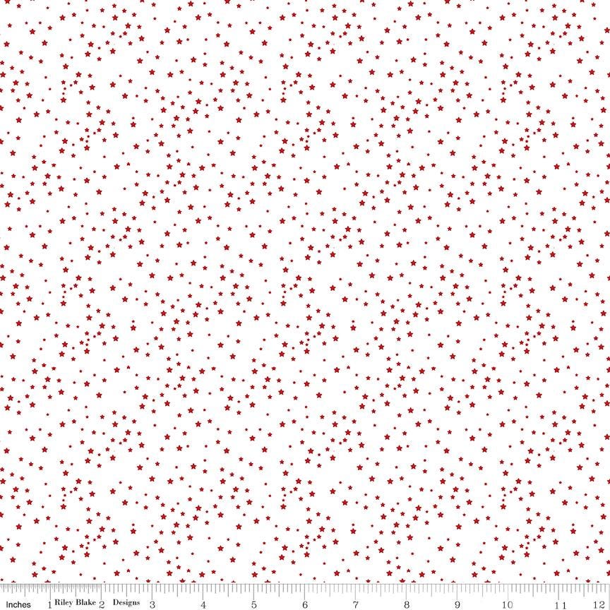Stars and Stripes Forever - Tiny Red Stars on White Fabric, Riley Blake C15714-White, Patriotic Star Cotton Blender Fabric, By the Yard