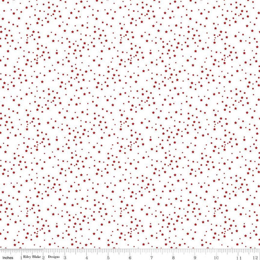 Stars and Stripes Forever - Tiny Red Stars on White Fabric, Riley Blake C15714-White, Patriotic Star Cotton Blender Fabric, By the Yard