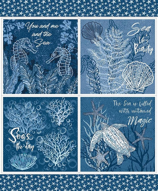 Ocean Oasis - 36" Seas the Day Quilt Panel Fabric, Riley Blake P15996-Panel, Beach Sea Life Shells Blue Tonal Fabric, Diane Labombarbe