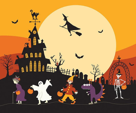 Beggar's Night - 36" Halloween Trick or Treat Quilt Panel Fabric, Riley Blake P14509-Panel, Kids in Costumes Fabric Panel, Sandy Gervais