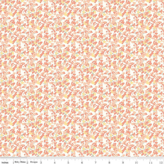 New Beginnings - Blush Peach Blossoms on White Fabric, Riley Blake C15764-Blush, Pink Yellow Ditsy Floral Cotton Fabric, Sandy Gervais
