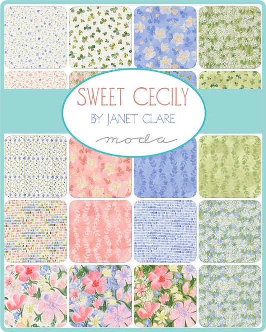 Sweet Cecily 5" Charm Pack, Moda 24640PP, 5" Precut Pink Blue Green Floral Quilt Fabric Squares, Janet Clare