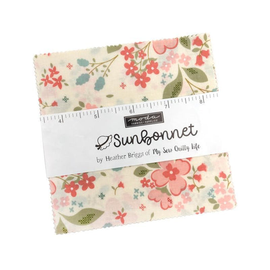 Sunbonnet Charm Pack, Moda 31760PP, 5" Precut Pink Green Blue Floral Charm Pack Fabric Squares, My Sew Quilty Life, Briggs