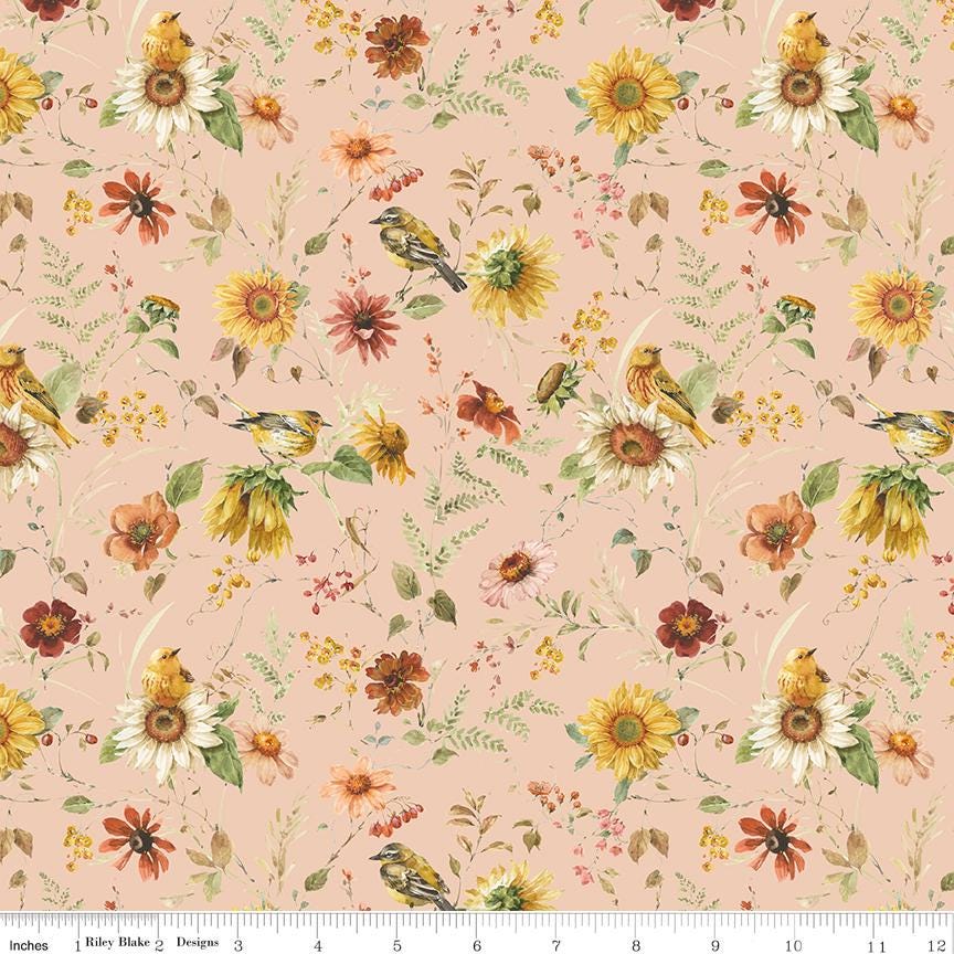 Sunflower Whispers 7 Yard Fabric Bundle, Riley Blake 1YD-16670C-7, Autumn Fall Yellow Green Brown Blush Floral Cotton Fabric, Lisa Audit