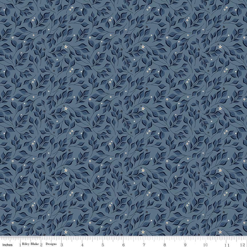 Curated Blooms - Navy Leaves White Flowers on Blue Fabric, Riley Blake C15343-Stone, Blue Cotton Blender Fabric, Judi Madsen, By the Yard
