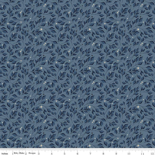 Curated Blooms - Navy Leaves White Flowers on Blue Fabric, Riley Blake C15343-Stone, Blue Cotton Blender Fabric, Judi Madsen, By the Yard